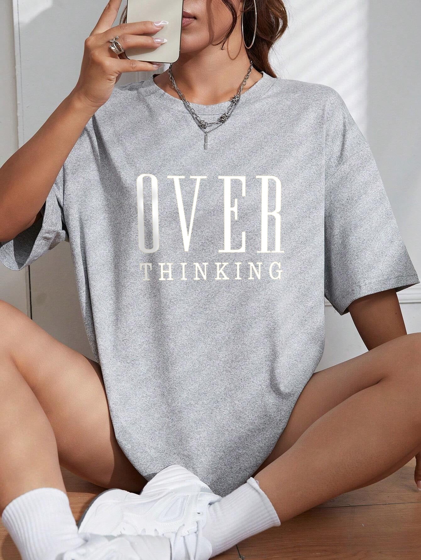 Over Thinking Letter Print Women Cotton Short Sleeve Breatha