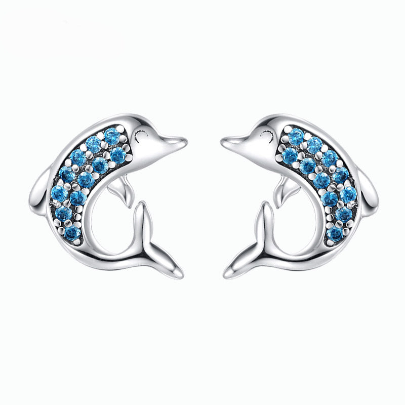 Womens S925 Sterling Silver Cute Dolphin Earrings