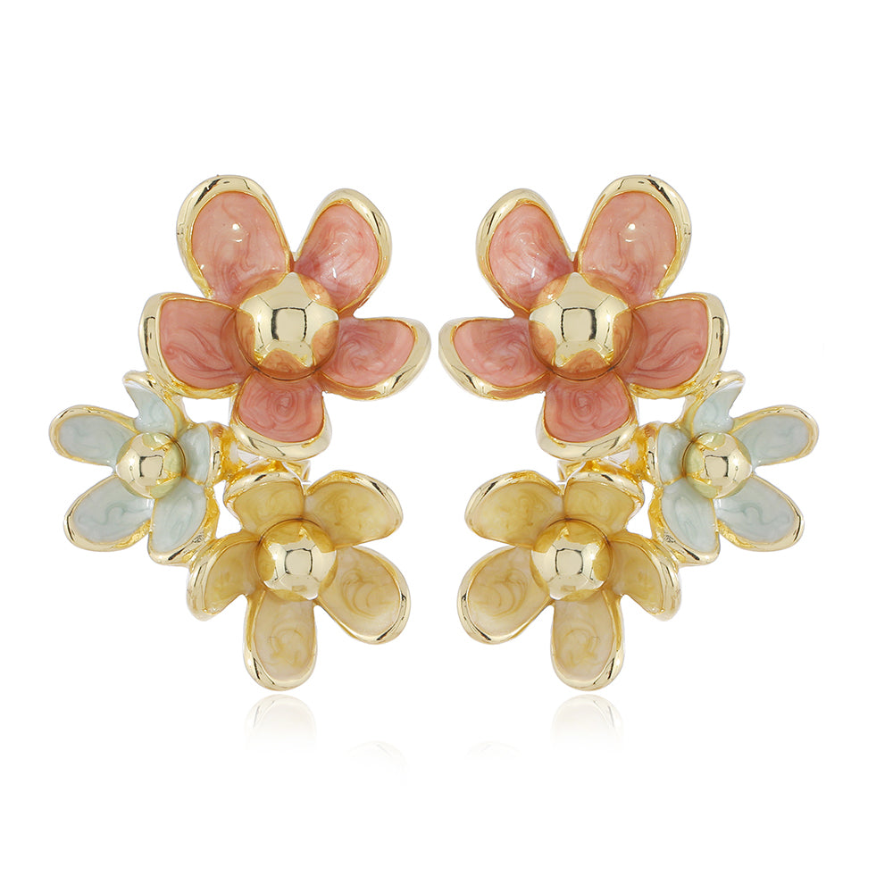 1 Pair Alloy Enamel Cluster Flower Earrings, Colorful Floral Statement Studs For Women, Trendy Party & Daily Jewelry