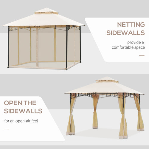 10' x 10' Outdoor Patio Gazebo Patio Canopy Tent with Mesh Sidewalls, 2-Tier Canopy for Backyard, Beige