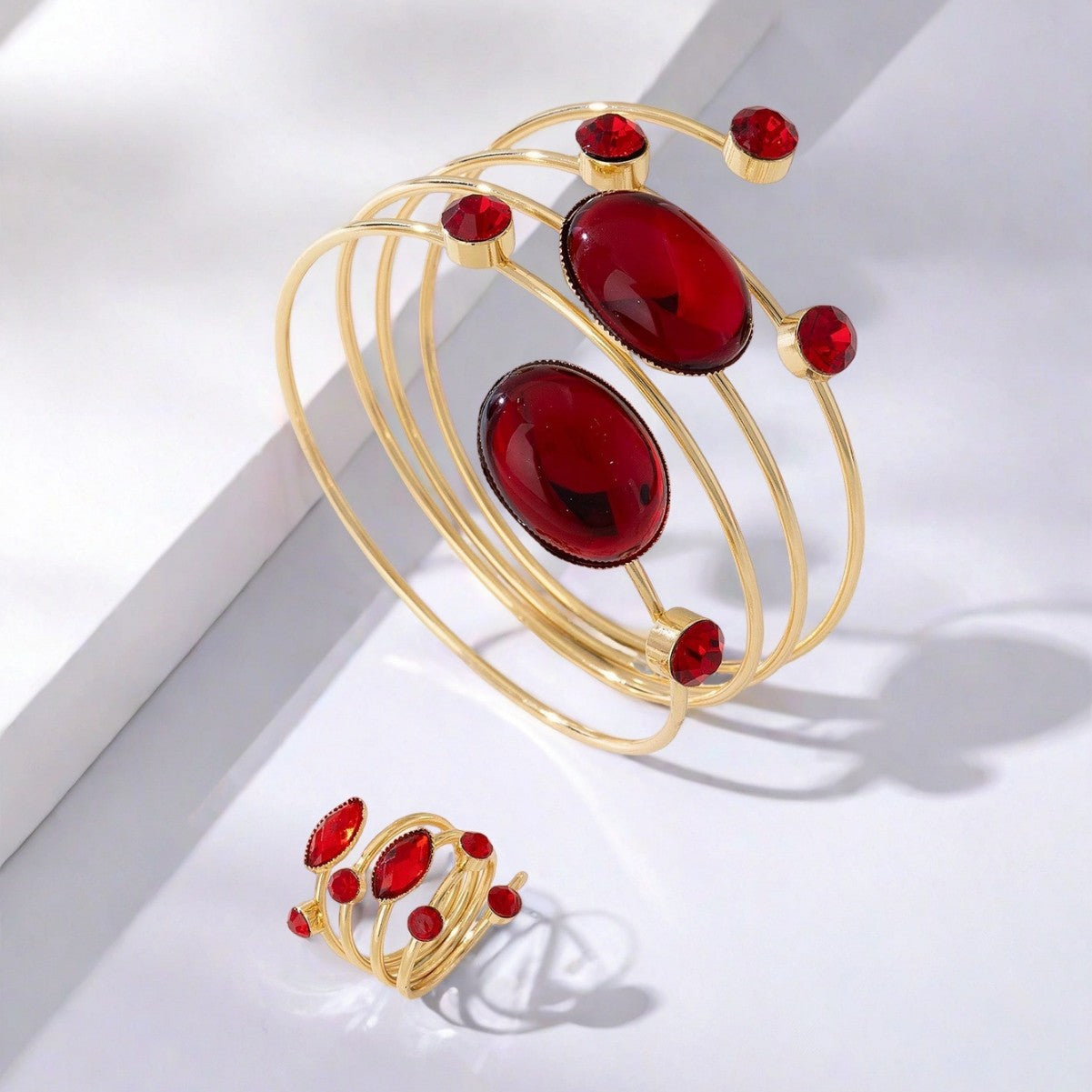 French Gem Rhinestone Round Line Winding Geometric Bracelet & Ring Set Adjustable Opening