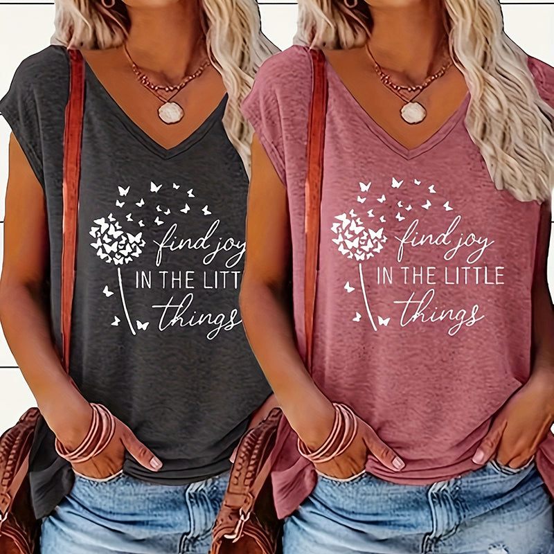 Women's 2-Piece Set V-Neck Short Sleeve T-Shirt With Sunflower & Letter Print, Casual Summer Tee