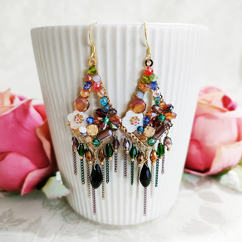 Vintage Tassel Shell Flower Crystal Earrings