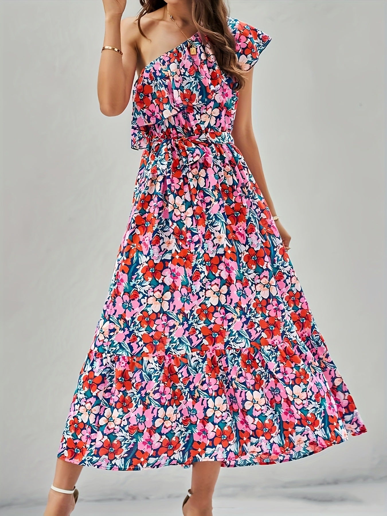 Womens Ruffle-Trimmed Strapped Off-the-Shoulder Printed Dress