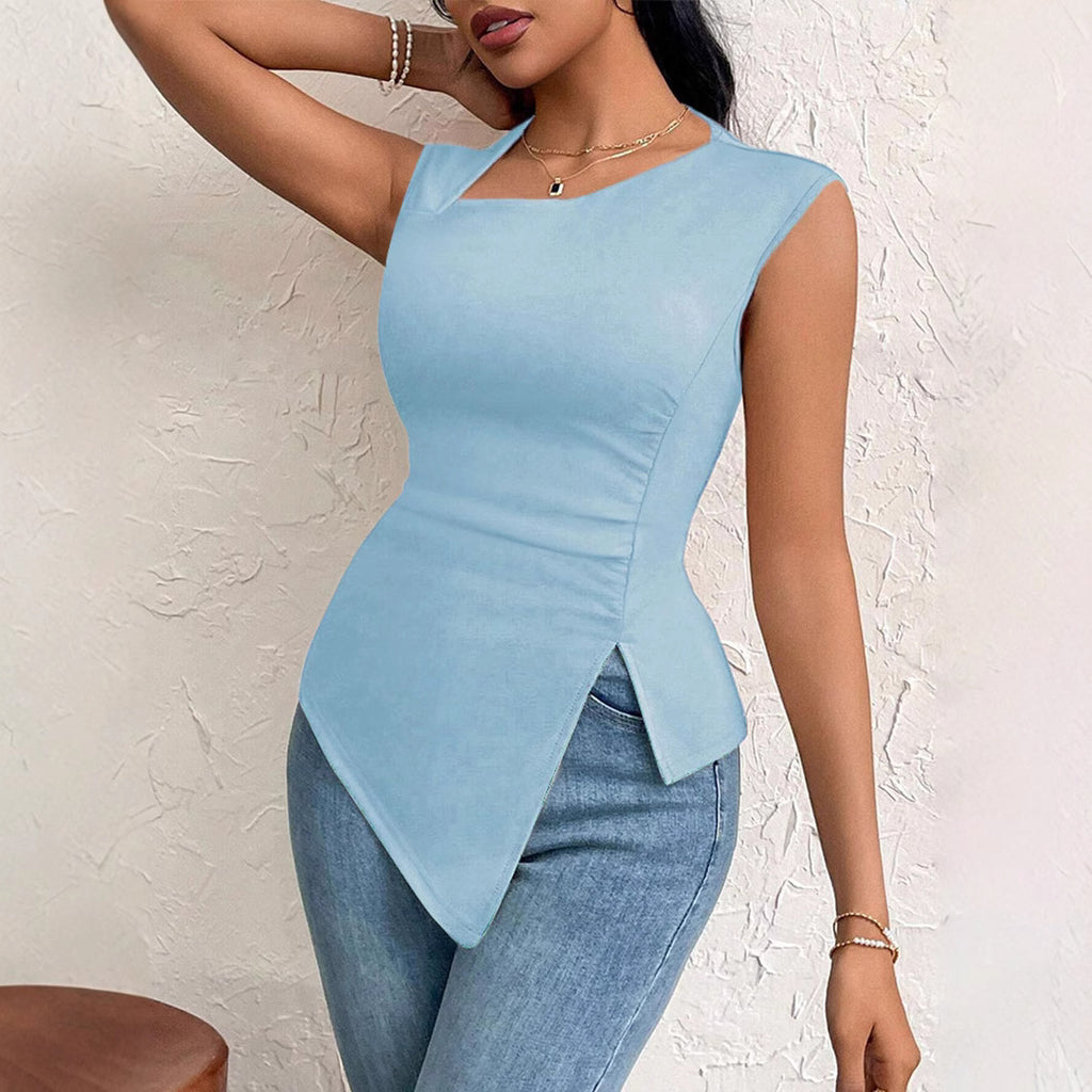 Diagonal Collar Slim-fit Solid Color Short Sleeve Women