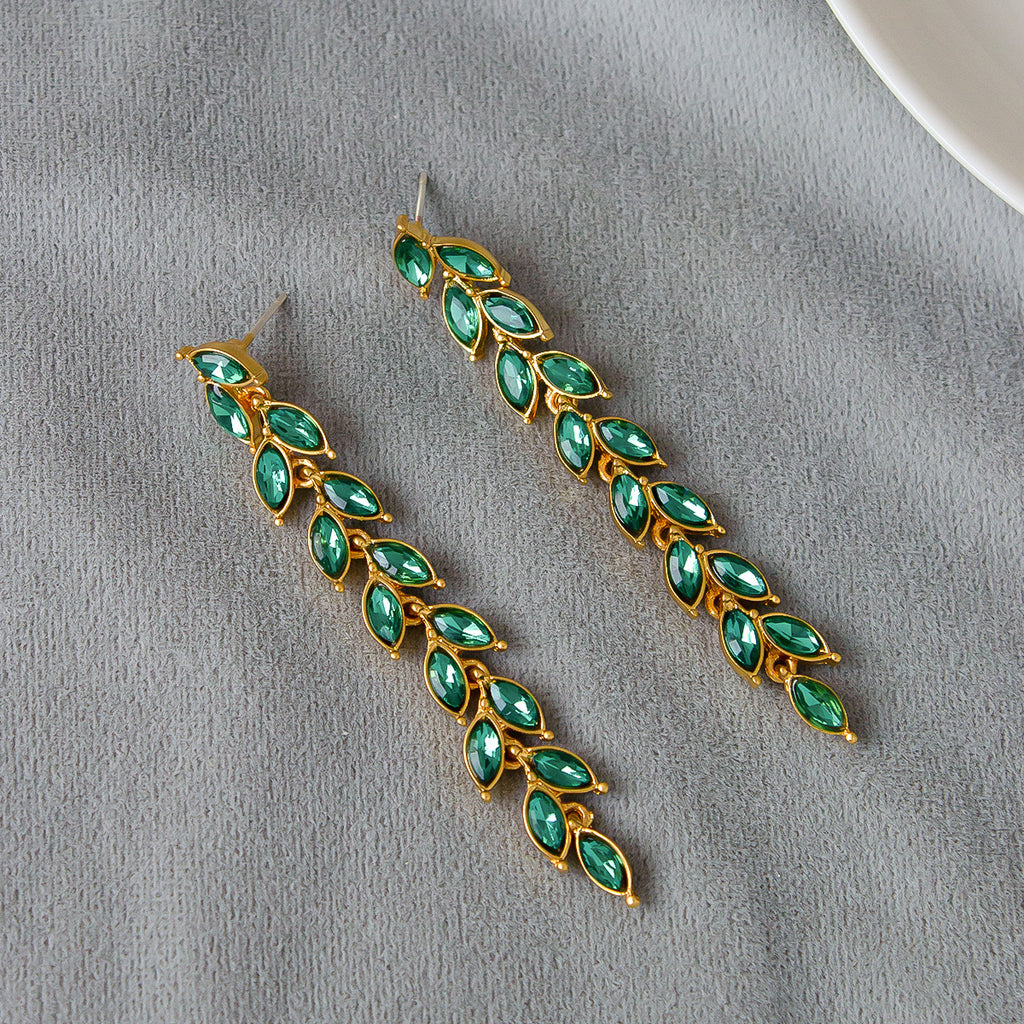 Micro-inlaid Green Zircon Wheat Earrings With A Personalized Long Tassel Design