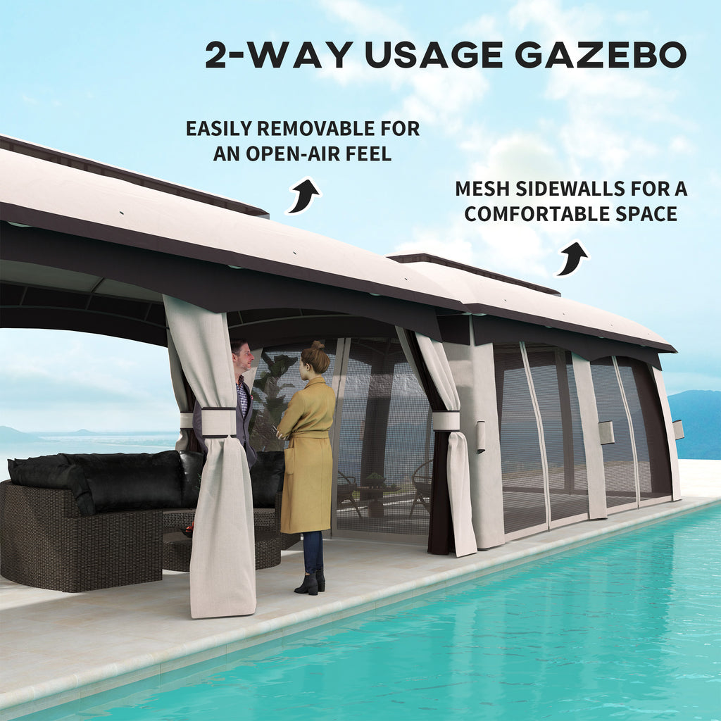 10 X 20 Patio Gazebo, Outdoor Gazebo Canopy Shelter With Netting, Vented Roof For Garden, Beige