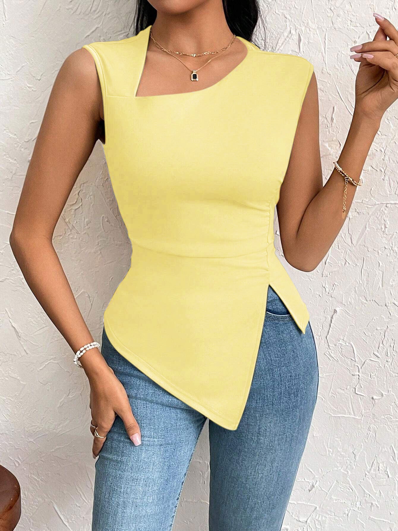 Diagonal Collar Slim-fit Solid Color Short Sleeve Women
