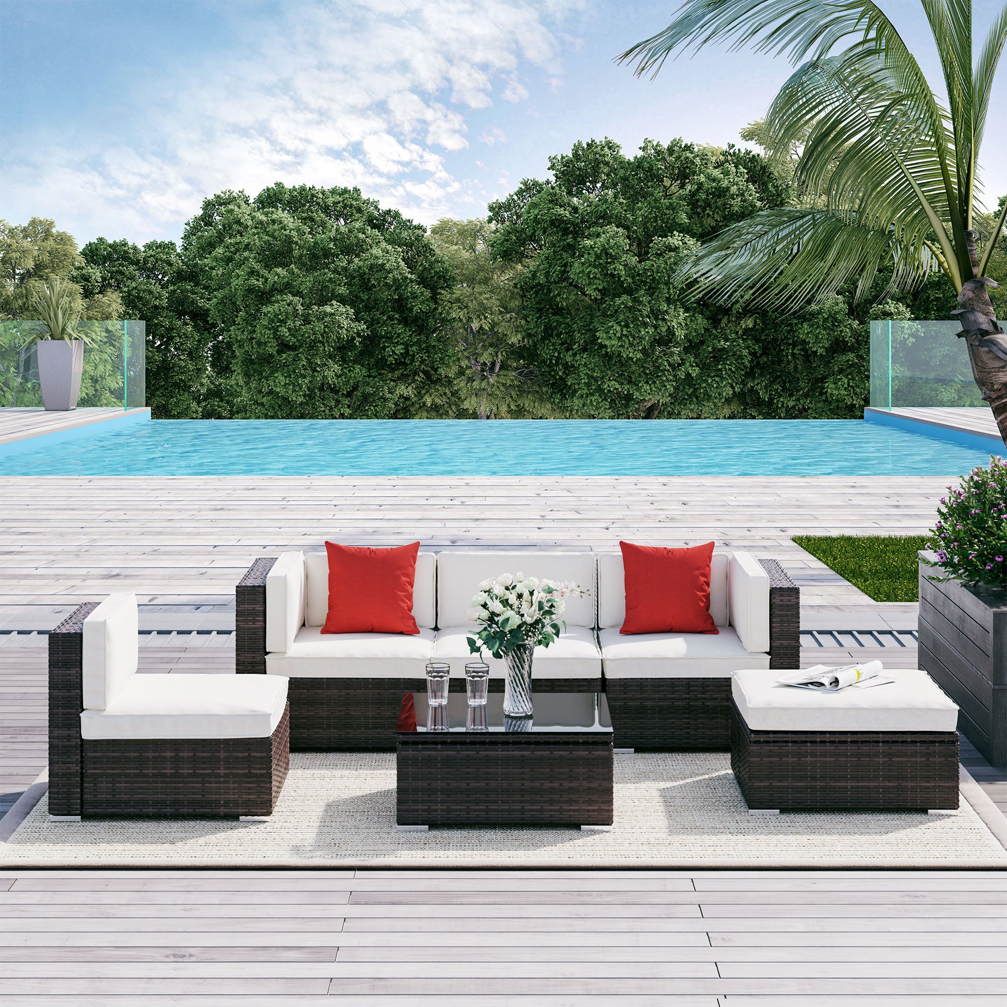 6 Piece Patio Furniture Set Outdoor Conversation Set All Weather PE Sectional Sofa Set with Ottoman