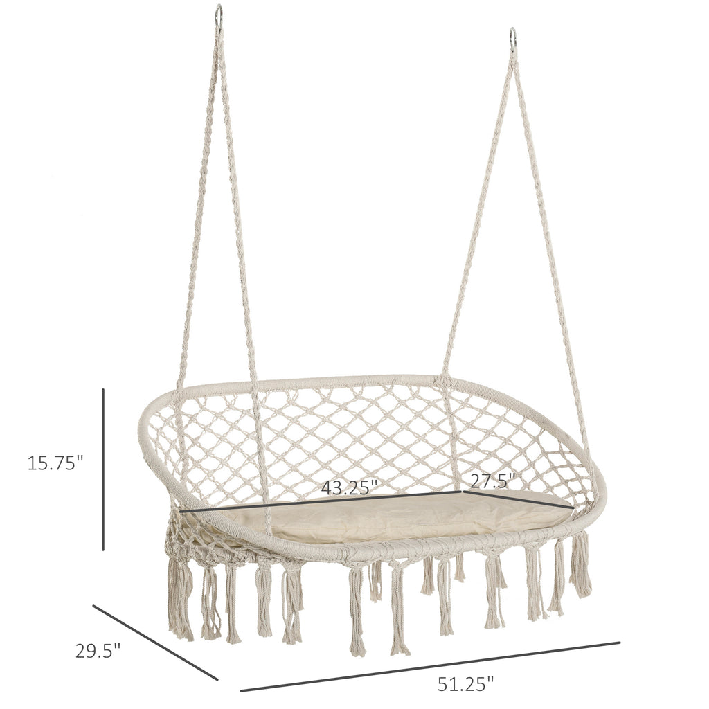 2-Person Hammock Chair Macrame Swing With Soft Cushion, Hanging Cotton Rope Chair For Indoor Outdoor Home Patio Backyard, White