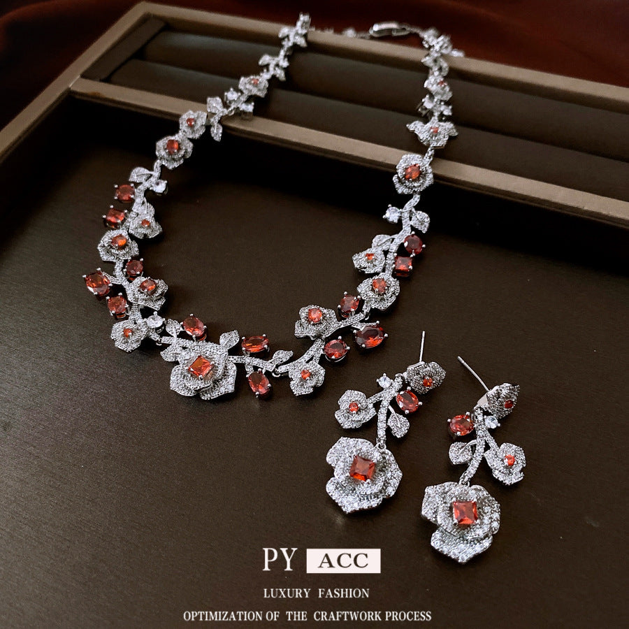 Retro-style Zircon Rose Flower Earrings And Necklace