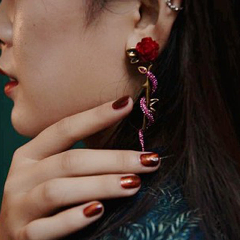 Vintage Big Red Rose Wrap Diamond Snake Body Earrings