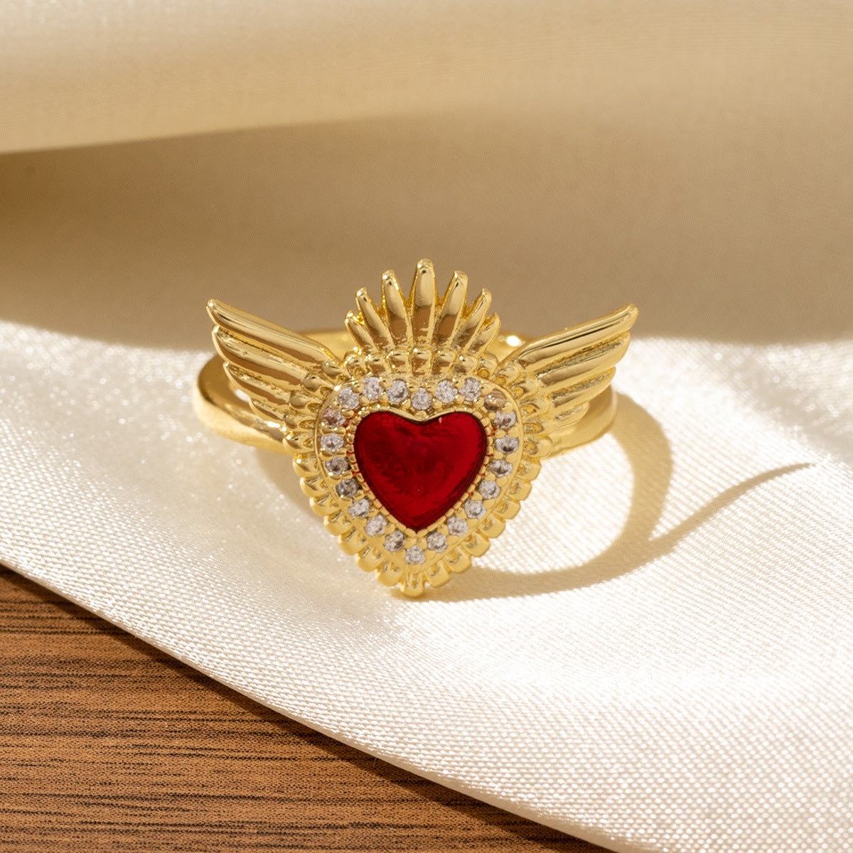 Red Heart-Shaped Oil-Drip Wing Ring