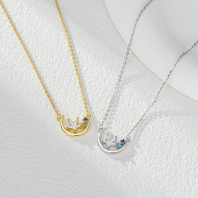 Moon And Stars Gilded Necklace For Women, Made Of S925 Sterling Silver