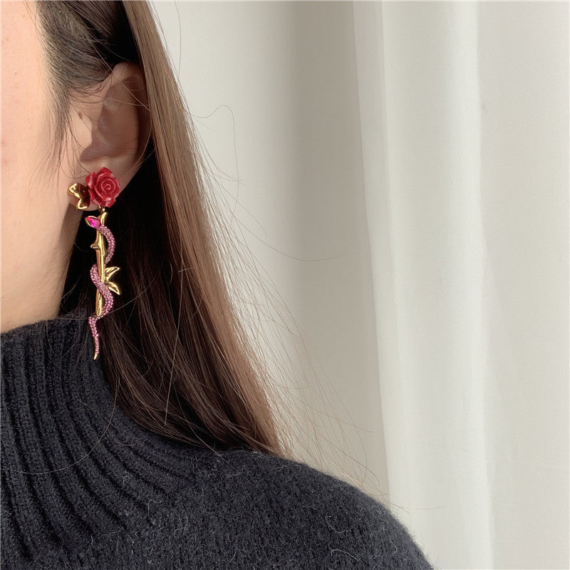 Vintage Big Red Rose Wrap Diamond Snake Body Earrings
