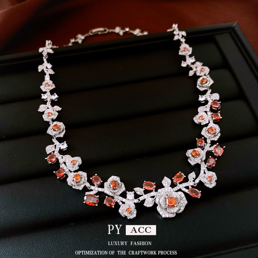 Retro-style Zircon Rose Flower Earrings And Necklace