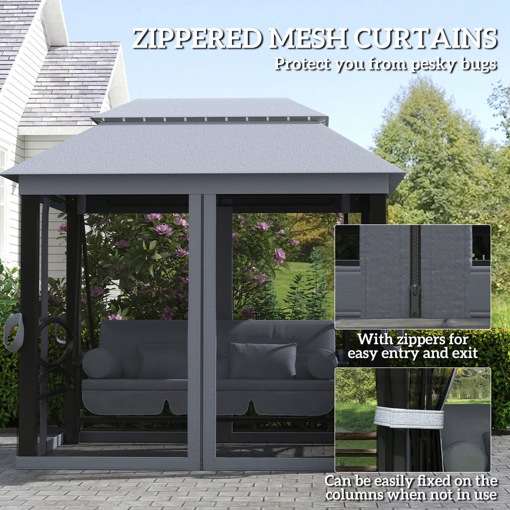 3-Seat Patio Swing Chair, Outdoor Gazebo Swing With Double Tier Canopy, Mesh Sidewalls, Cushioned Seat And Pillows, Gray